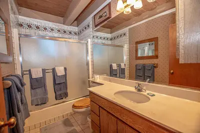 a bathroom with a sink and a toilet and a mirror at Willow By Hauserman Rentals in Tahoe City