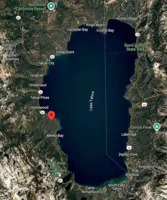 a map of the lake with a red marker at Tahoma Family Home in Tahoma