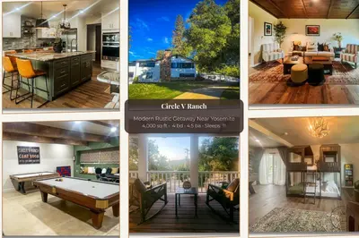a collage of four pictures of a house at Yosemite Family Lodge I Sleeps 11 I Game Room in Oakhurst