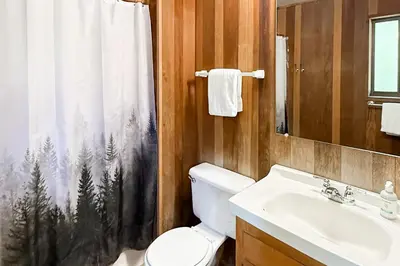 a bathroom with a toilet and a sink and a shower curtain at Vernal Vista in Yosemite West