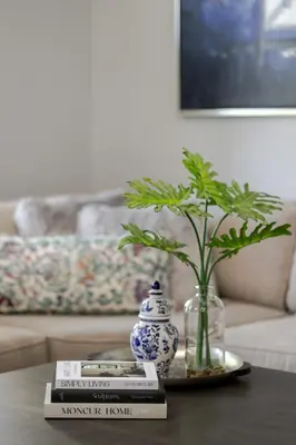a coffee table with a book and a vase and a plant at New Reno Retreat 72 Inch TV Office Patio Views in Reno