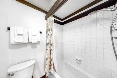 a bathroom with a white toilet and a shower at Tavern 16 in Olympic Valley