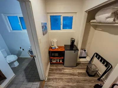 a small room with a bathroom with a refrigerator at The Chalet at Kings Beach Unit 5 in Kings Beach