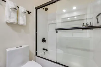 a bathroom with a shower and a white toilet at Walk to Mammoth Village Chic Mountain Studio in Mammoth Lakes