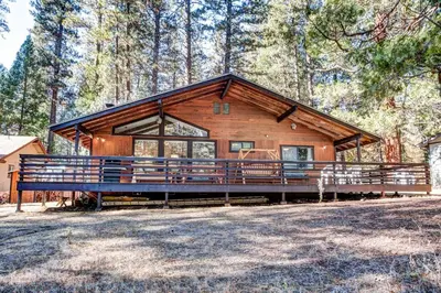 a log cabin in the woods with a large porch at 42A Megan in North Wawona
