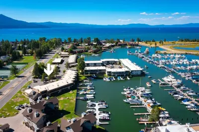 an aerial view of a marina with boats in the water at Tahoe Keys Townhouse with Boat Dock in South Lake Tahoe