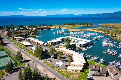 an aerial view of a marina with boats at Tahoe Keys Townhouse with Boat Dock in South Lake Tahoe