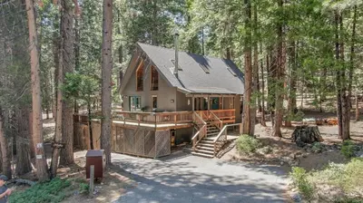 a house in the middle of a forest at Cozy Chic Chalet - Enchanting & Fun Family Retreat - Hot Tub & Fire Pit - Dog Friendly in Dorrington