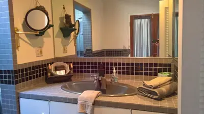 a bathroom with a sink and a mirror at Secluded Oasis with View, and hot tub on 50 acres in Bodfish