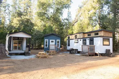 a couple of tiny homes parked in the woods at Tiny Blanca at Yosemite Gateway in Groveland