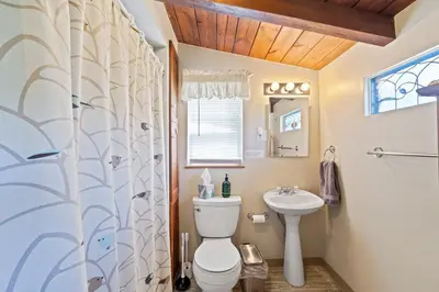 a bathroom with a toilet and a sink at Red Cabin in Twain Harte - King bed in Twain Harte