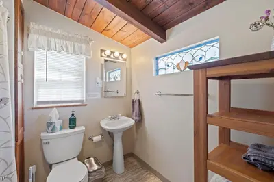 a bathroom with a toilet and a sink at Red Cabin in Twain Harte - King bed in Twain Harte