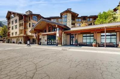 an empty street in front of a building at Ski-InandSki-Out Condo with Views in Olympic Valley in Olympic Valley
