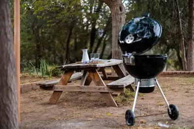 a grill and a picnic table with a bbq at 7BR 3Bath in Yosemite & Bass Lake with BBQ & Hot Tub in Oakhurst