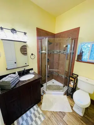 a bathroom with a shower and a toilet and a sink at Blissful Acres hilltop cottage in Grass Valley