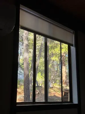 a window with a view of a forest at Woodland Chalet Retreat with Hot Tub in Arnold