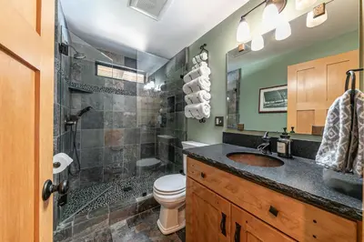 a bathroom with a shower and a toilet and a sink at Classic Cabin in the Pines by Tahoe Getaways - Walk to Lake, Pet-Friendly 3 BR w Yard & Hot Tub! in Homewood