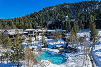 an aerial view of a resort in the snow at Olympic Valley Studio Condo with Resort Pools, Spa in Olympic Valley
