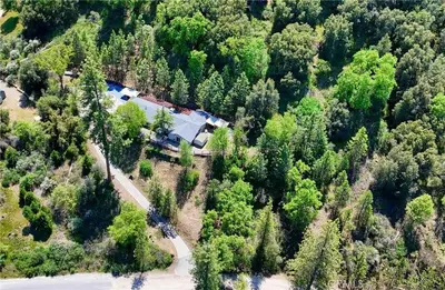 an aerial view of a house in the middle of a forest at Serene Views with Hot Tub, BBQ, Fire Pit, Game Room in Oakhurst