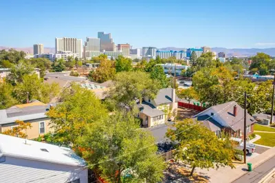 an aerial view of a city with buildings at Designer Living Pet-Friendly UNR 2BR 1BA in Reno