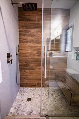 a shower with a glass door in a bathroom at Mammoth Lakes Ski Getaway in Mammoth Lakes