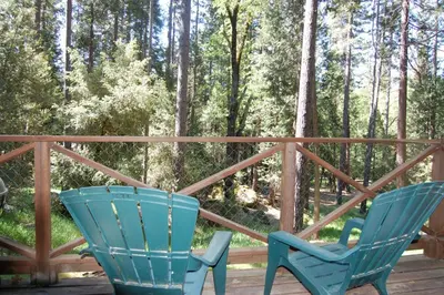 two blue chairs sitting on a deck with trees at Ox Yoke in Wawona