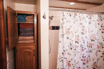 a bathroom with a shower with a shower curtain at Pine Ridge Retreat in Stateline