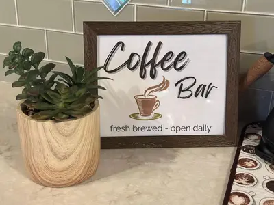 a sign for a coffee bar on a counter with a plant at Pine Ridge Retreat in Stateline