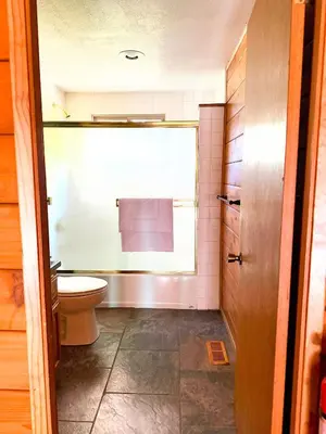 a bathroom with a toilet and a window at Rustic and Scenic in Cold Springs