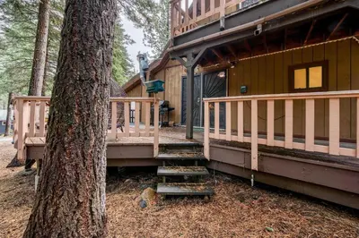 a porch of a house with stairs next to a tree at Wooded Getaway Steam Shower plus Hot Tub in Tahoe City