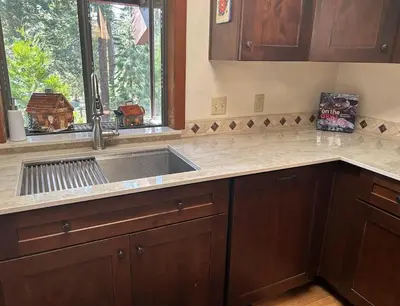 a kitchen with a sink and a window at Dollar Point for 10-Hot Tub-One Block to the Beach-Filtered Lake Views-Quiet Neighborhood in Tahoe City