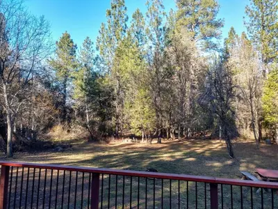 a view from the deck of a park with trees at Meadow Creek Cabin in Camino