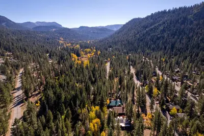 an aerial view of a forest of trees and houses at Spacious Riverfront home in South Lake Tahoe