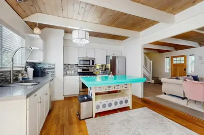 a kitchen with a blue counter top in a room at Meyers Tahoe Escape in South Lake Tahoe
