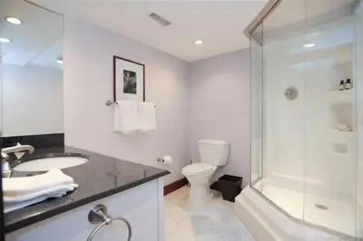 a bathroom with a glass shower and a toilet at Mammoth Lakes Alpine Stay in Mammoth Lakes