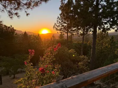 a sunset over a garden with flowers and trees at Mountain Oasis-Indoor Hot Tub, Game Room, VIEWS in Oakhurst