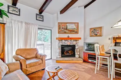 a living room with a couch and a fireplace at (A203) Loft Condominiums in Yosemite West
