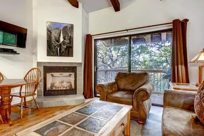 a living room with a couch and a fireplace at (B207) Loft Condominiums in Yosemite West
