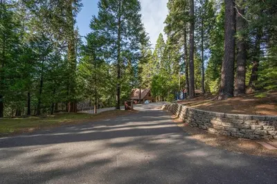 a road in a park with trees and a stone wall at Arnold A Frame Cabin with Hot Tub and Guest Suite in Arnold