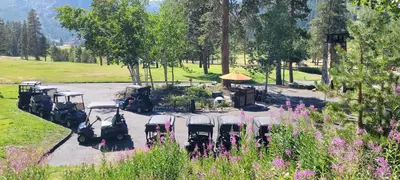 a group of golf carts parked in a park at Dav's Slopeside King Studio -- Resort & Spa at Everline in Olympic Valley