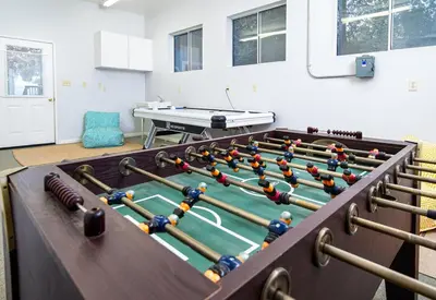 a room with a pool table and a ping pong ball at Serenity Pines 1hr to Yosemite w BBQ and Game Room in Mariposa