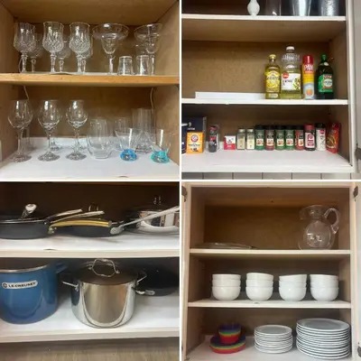 two pictures of a kitchen pantry with wine glasses and spices at Moonrise Retreat, SPA, Near Yosemite & Bass Lake in Oakhurst