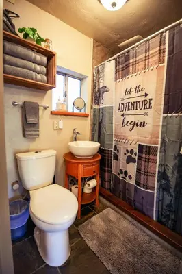 a bathroom with a toilet and a sink and a shower at Cozy Cabin Near Yosemite & Corlieu Falls in Oakhurst