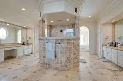 a large bathroom with a shower and a sink at Luxury Pilot Hill Estate on an 800-Acre Vineyard in Pilot Hill