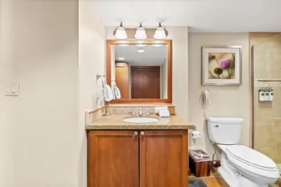 a bathroom with a toilet and a sink and a mirror at 6th Floor Mountain View Room - Fireplace Suite in Tahoe City