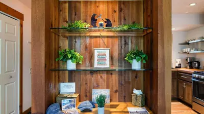 a kitchen with wooden walls and shelves with potted plants at Cozy Tahoe Townhome w Fireplace Balcony Quick Access to Trails Lake Cubana - Dollar Hill by AvantStay in Tahoe City