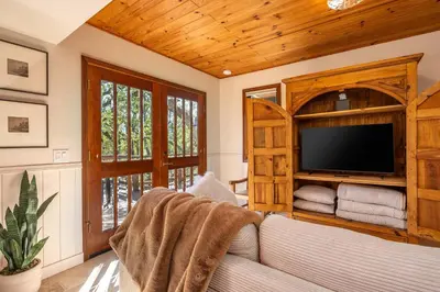 a living room with a couch and a television at Prime Sequoia Stay Pool Hot Tub Sauna Views in Three Rivers