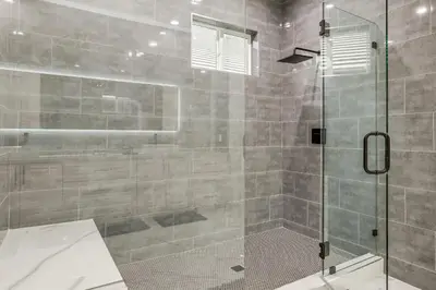 a bathroom with a shower with a glass door at Sip, Dine and Unwind Spacious Lodi Gem with Patio! in Lodi