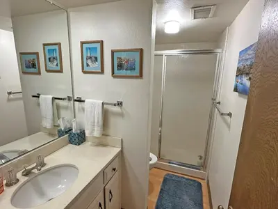 a bathroom with a sink and a shower at 439 Ala Wai, 119 condo in South Lake Tahoe
