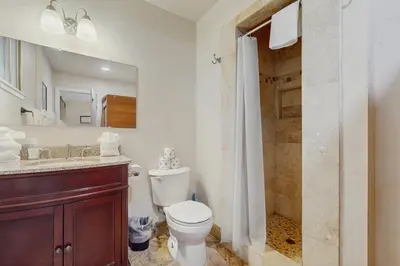 a bathroom with a toilet and a sink and a shower at Mid-Century Tahoe Ranch House in South Lake Tahoe